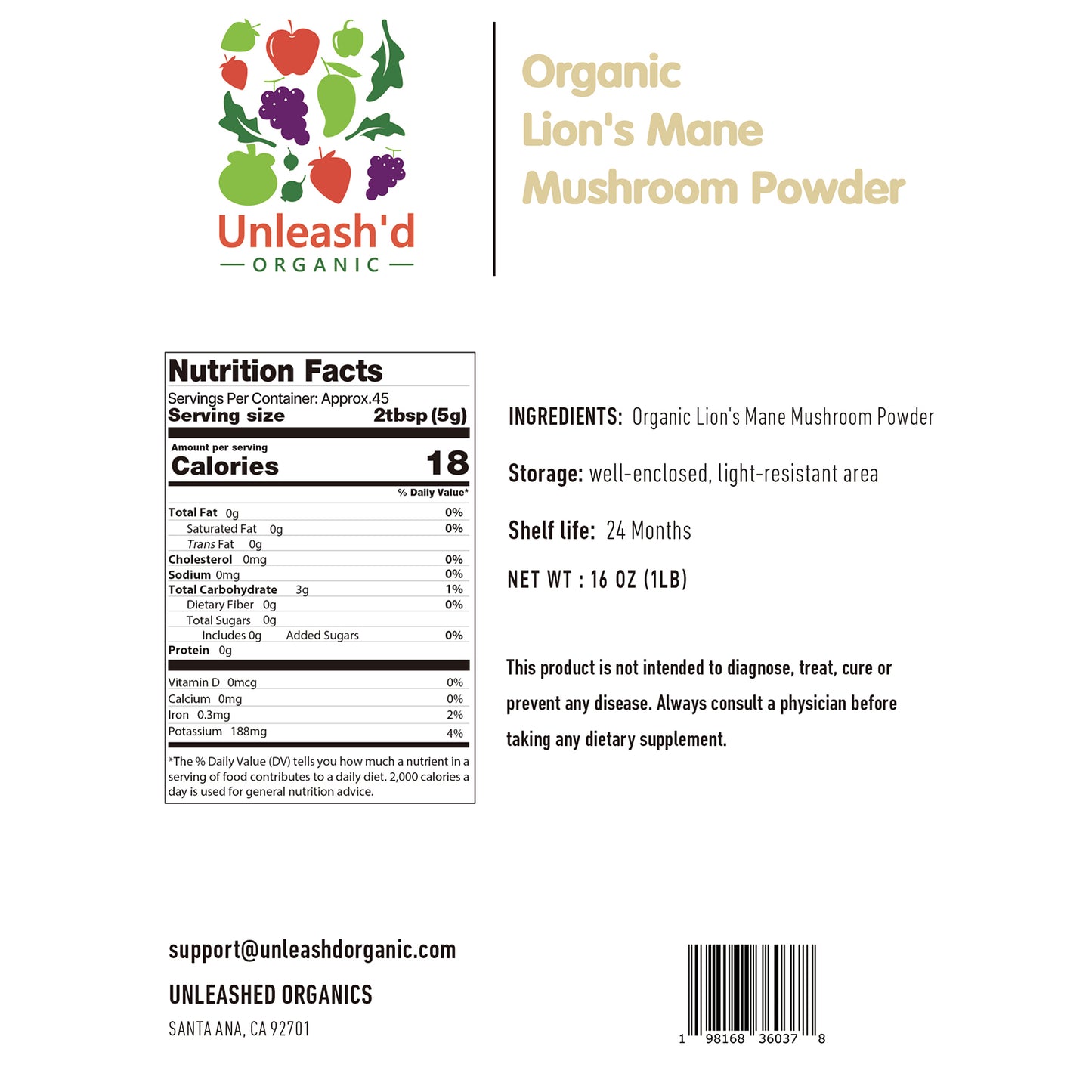 Organic Lion's Mane Mushroom Powder 16 oz